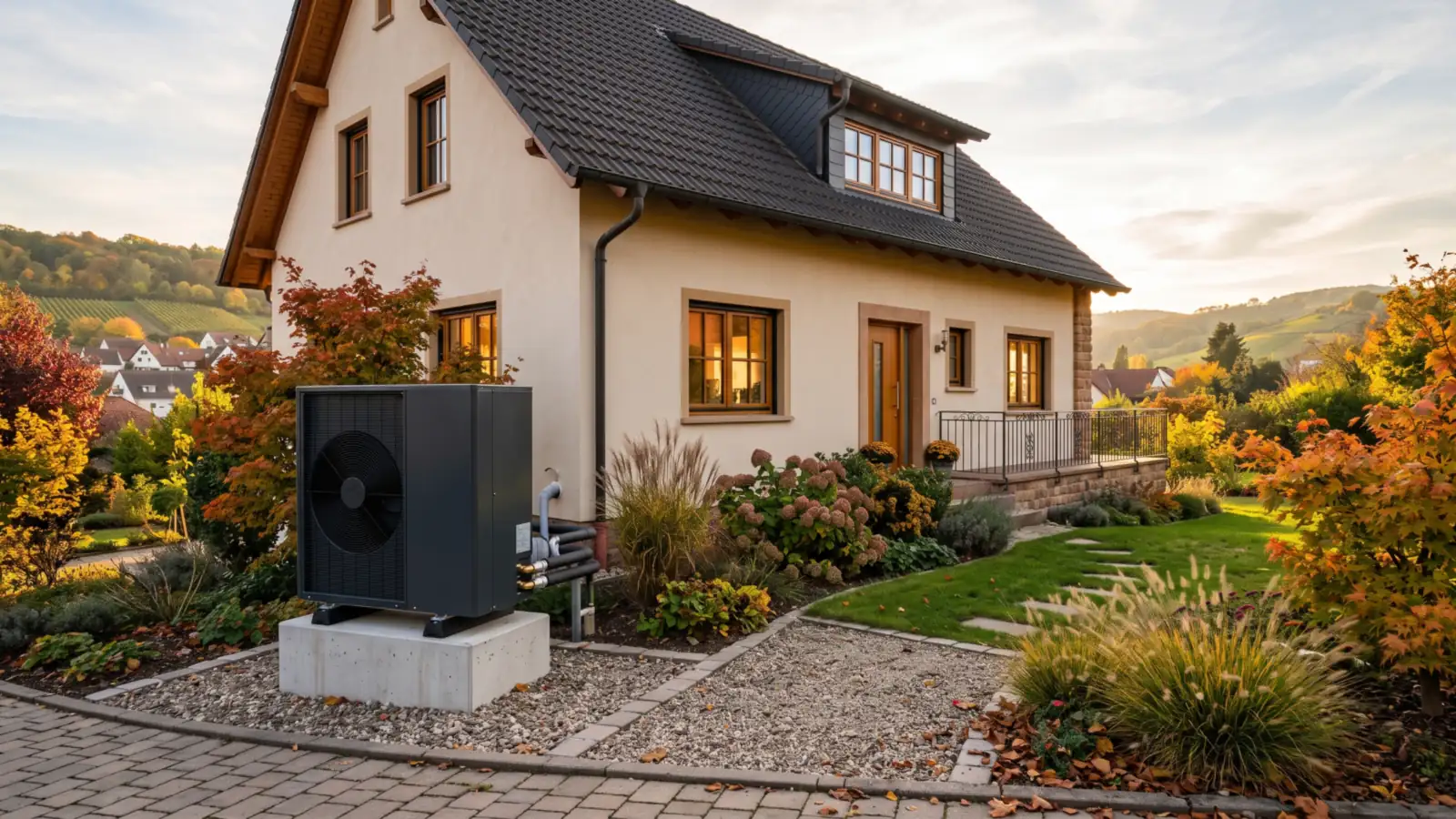 Außeneinheit einer Luft-Wasser-Wärmepumpe neben einem Einfamilienhaus