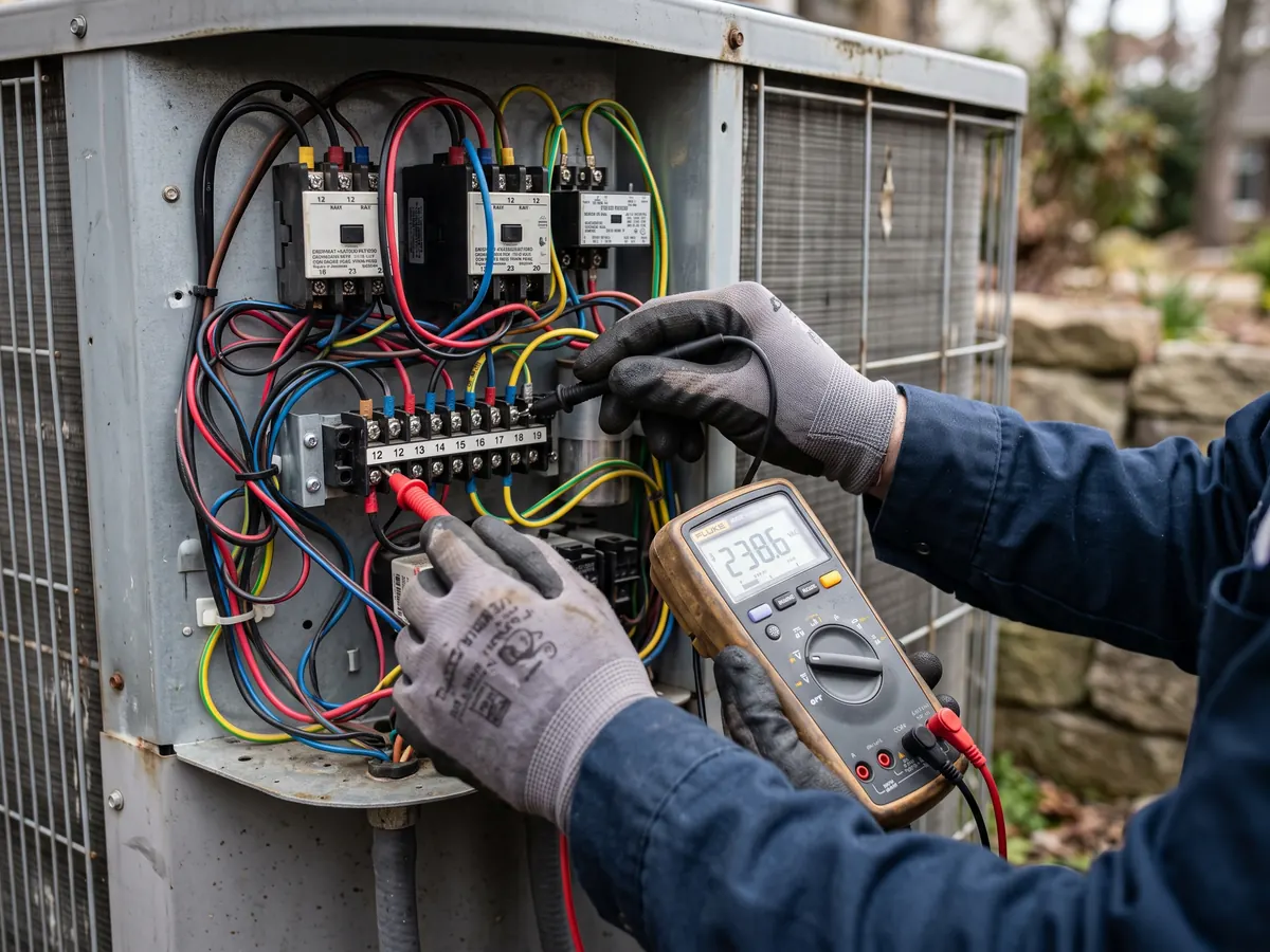 Techniker liest am Regler einer Wärmepumpe den Fehlerspeicher aus